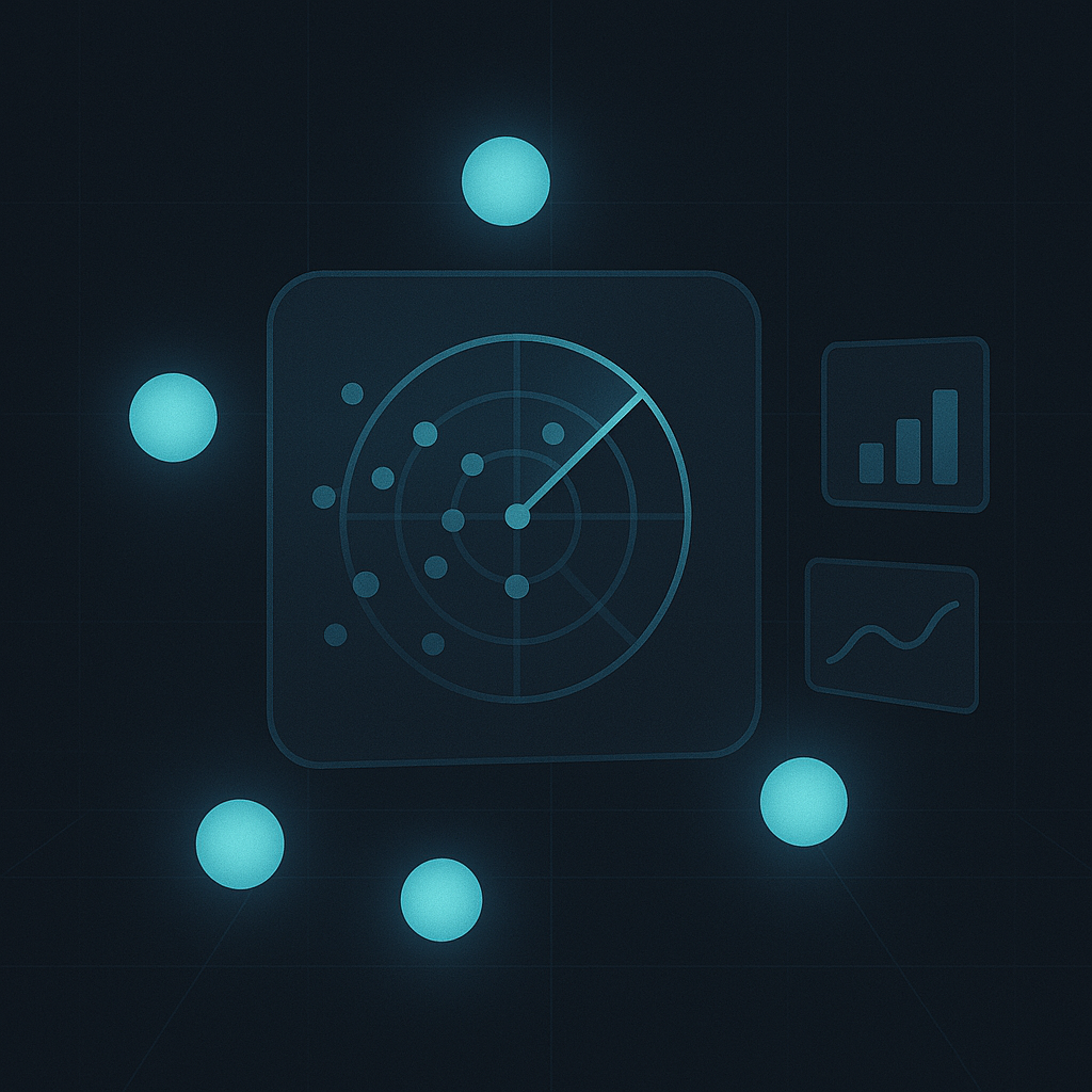 Research agents scanning radar-like charts
